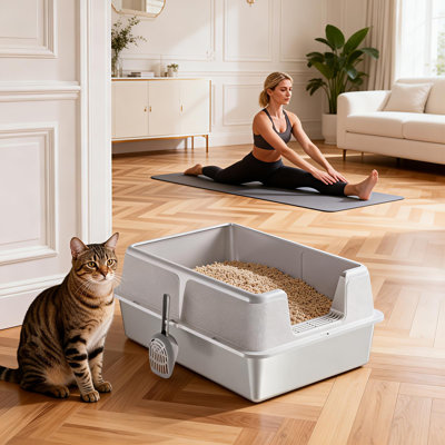 Extra Large Stainless Steel Cat Litter Box - High Sided, Open Top, Non-Stick & Odor Resistant - Rustproof,  Includes Scoop - For Big, Multiple or Fat Cats, 70x50x30cm, Bottom Tray 15cm