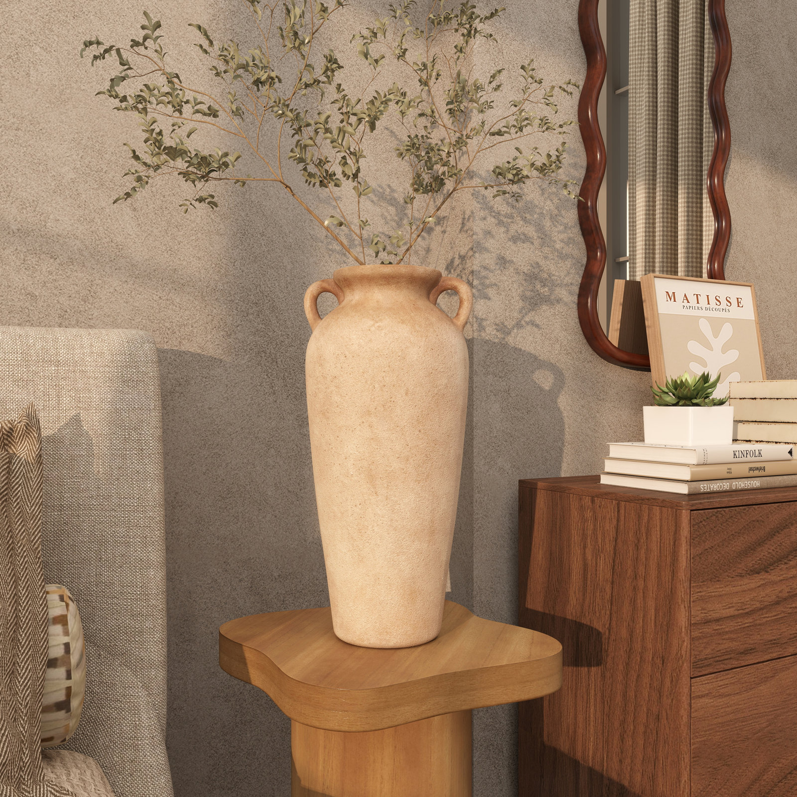 Birch Lane™ Brera Ceramic Antique Style Textured Vase With Shadings And Handles, Light Brown