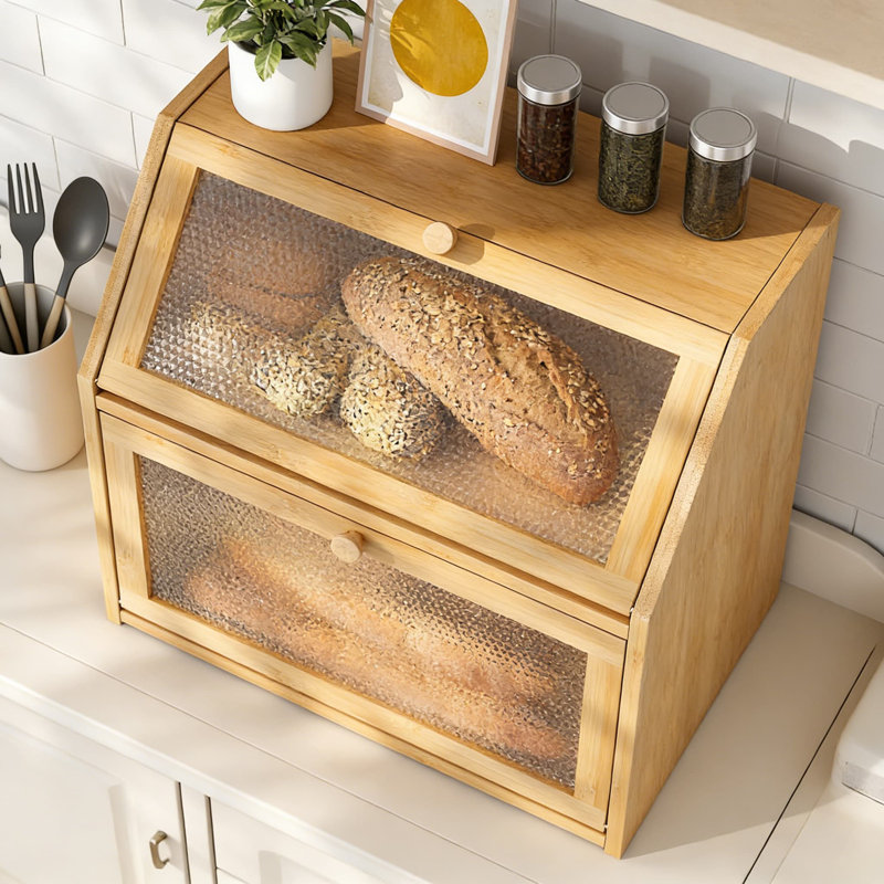 Double Layer Bread Storage Box With Diamond Pattern Windows, Extra Large Capacity Kitchen Countertop Container For Bread, Fruits, And Kitchenware