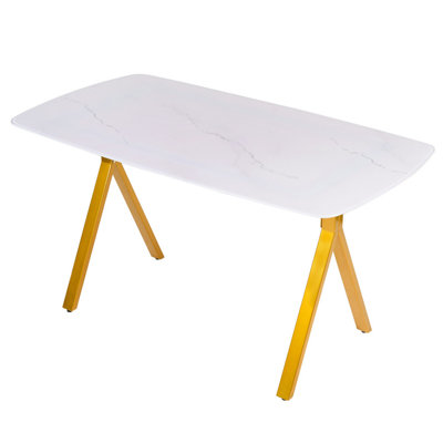 Rectangular dining table featuring a tempered glass tabletop with a marble-patterned design and golden metal legs, ideal for restaurant dining settings.