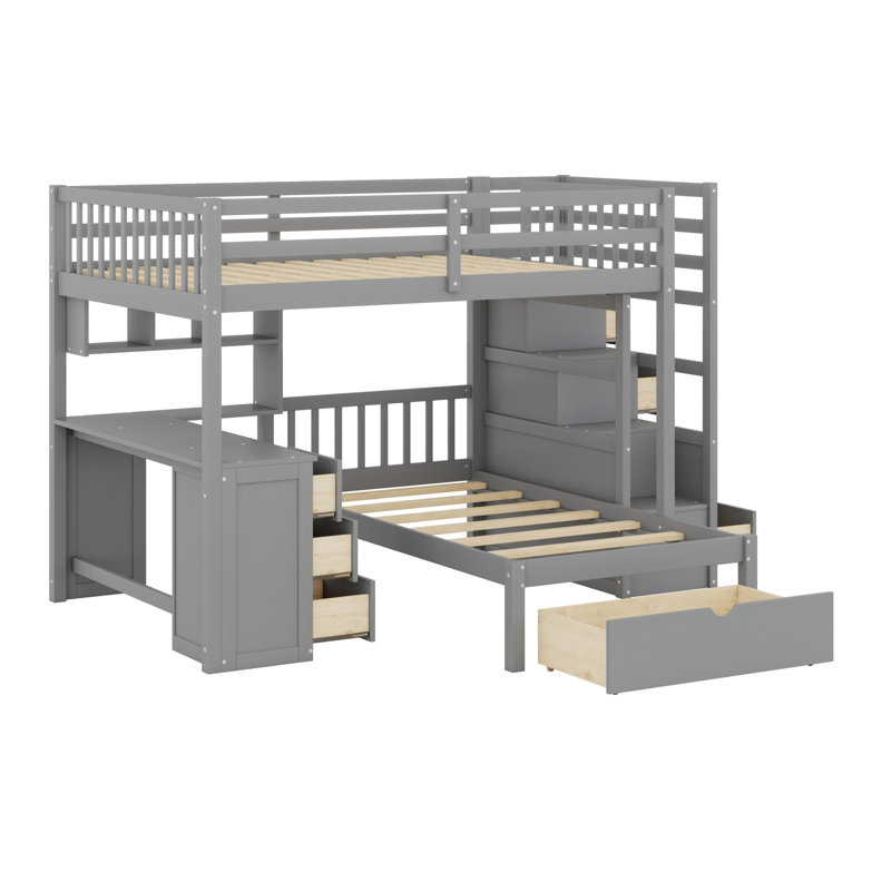 Lit superposé avec bureau, tiroirs et tablettes, gris