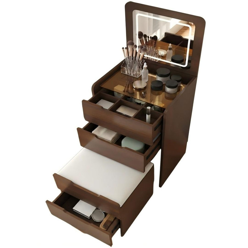 Meuble-lavabo moderne avec miroir éclairé et rangement, coiffeuse et tabouret pour chambre à coucher, vestiaire et salle de bain
