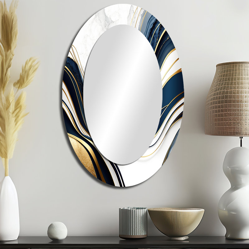 Pratibha abstrait géométrique vagues bleues et dorées III - grand miroir abstrait, miroir mural décoratif moderne, art imprimé en métal
