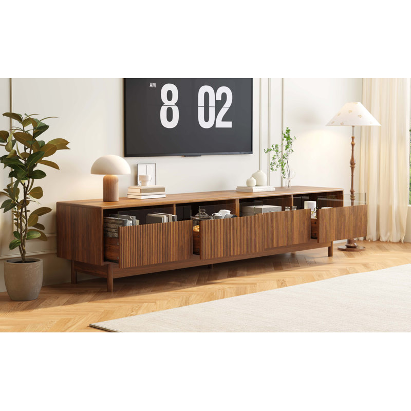 Meuble télé 78 pouces pour le salon - téléviseurs de 85 po ou moins, meuble télé moderne avec tiroirs, console de télévision avec tiroirs en verre pour la chambre à coucher