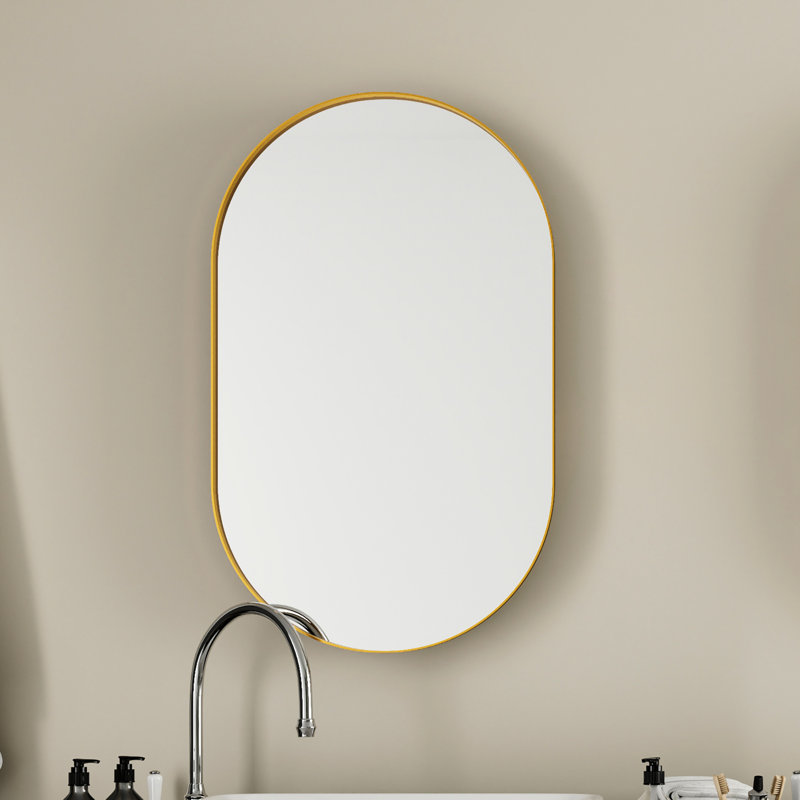 Armoire à pharmacie encastrée ovale 20,74 x 34,15 x 4,6 po pour salle de bain, cadre en métal doré mat avec tablettes réglables et rangement mural pour miroir de salle de bain