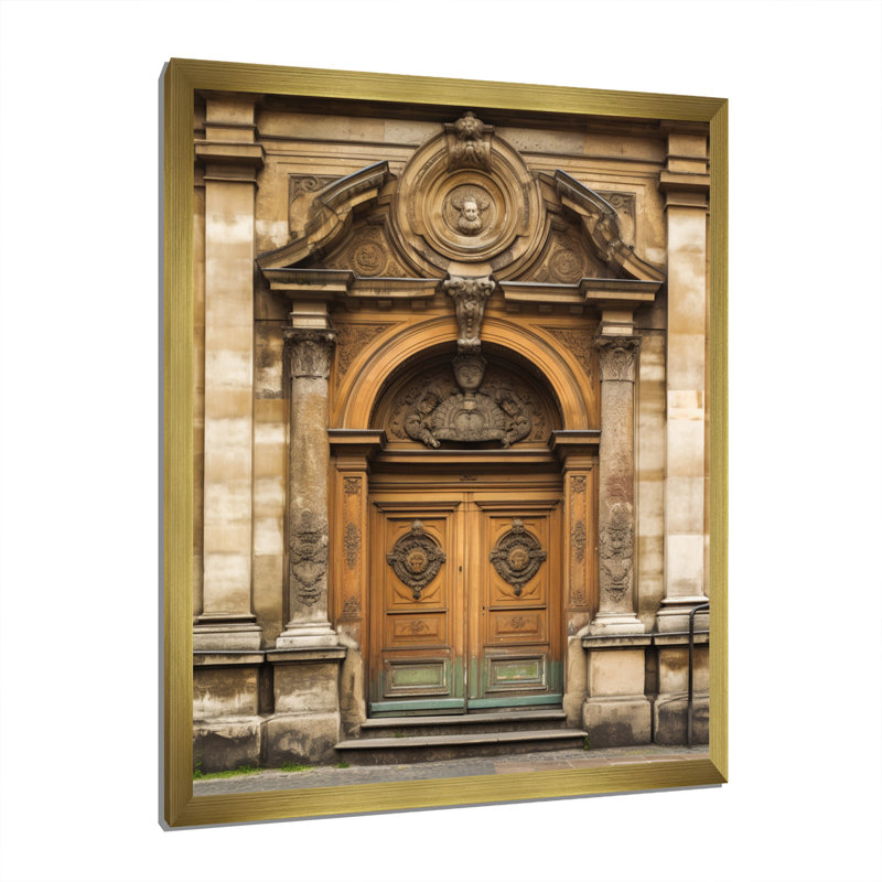 " Old Wooden Door With Carvings In Paris, France I ", 40" H x 30" W x 1.5" D, Gold Picture Framed