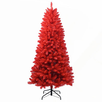 6FT Pure Red PVC Christmas Tree with 804 Tips, Hinged Branches, and Metal Stand for Bold and Modern Holiday Decor
