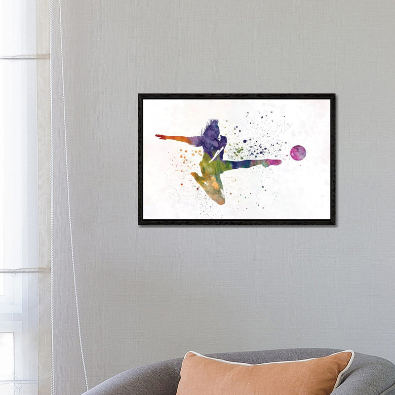 Woman Soccer Player 04 In Watercolor 2 by Paul Rommer - Floater Frame Gallery-Wrapped Canvas Giclée on Canvas, Black