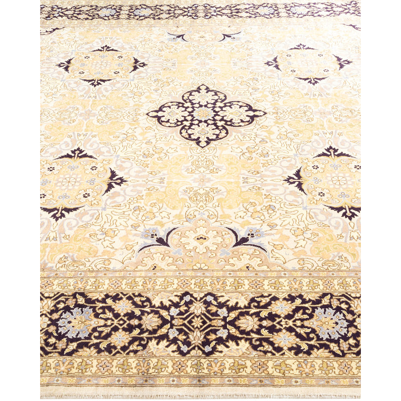 Ivory and Navy Hand-Knotted Wool Geometric Area Rug 6' x 9'