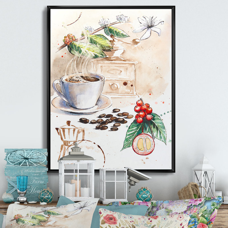 «Coffee in Hot Cup Coffee Redolent Set», reproduction de photo sur toile, H 36 po x l 24 po x P 1 po, Cadre flottant noir