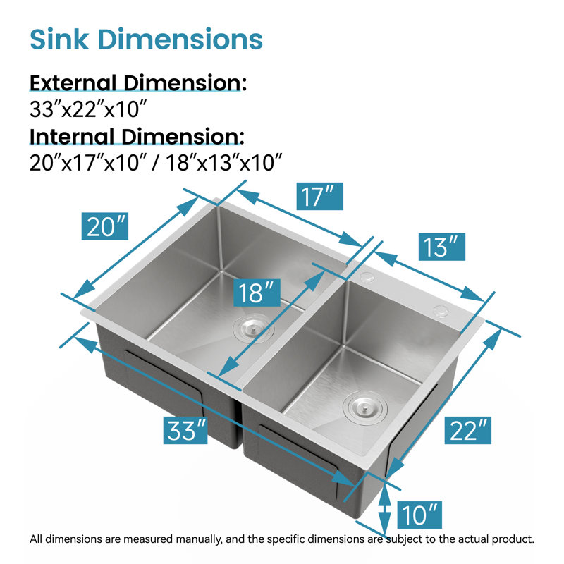 Évier de cuisine à double cuve en acier inoxydable 33 po x 22 po, lavabo encastré avec drains modernes, crépines
