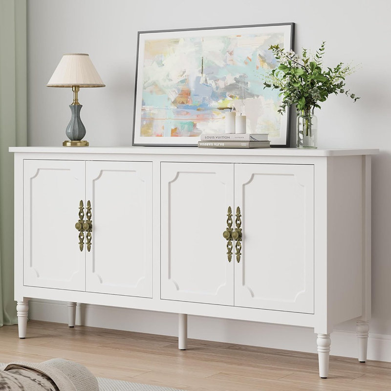 Buffet Buffet, blanc satiné - Crédence moderne Mid-Century avec tablettes réglables, poignées sculptées et bar à café pour la salle à manger ou le salon