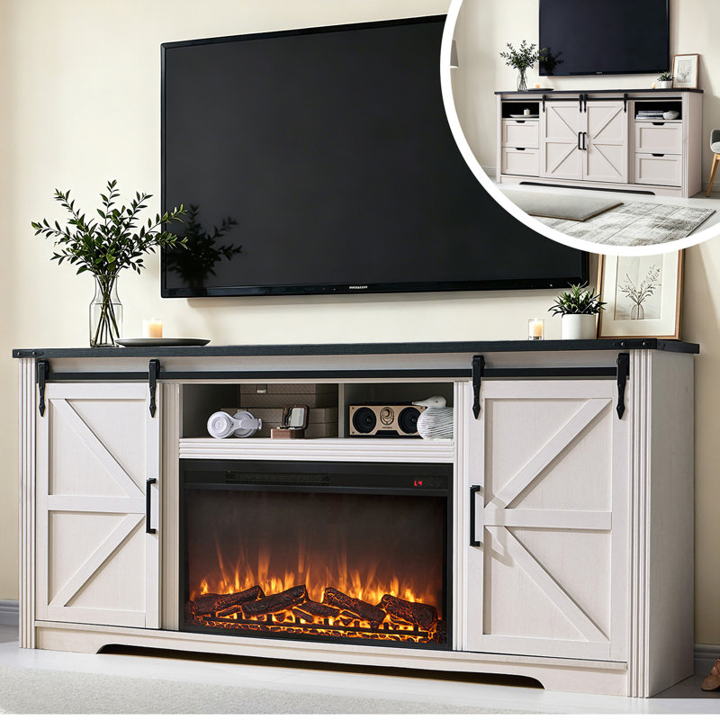 70"W Farmhouse Fireplace TV Stand for 80" Inch TV, 2-in-1 Media Console & Sideboard with 4 Drawers, White