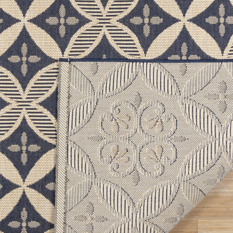 Solterra Zilah Navy Blue Beige Cream Bohmeian Tile Flatweave Polypropylene Indoor/ Outdoor Area Rug, Rectangle 7'10" x 10'