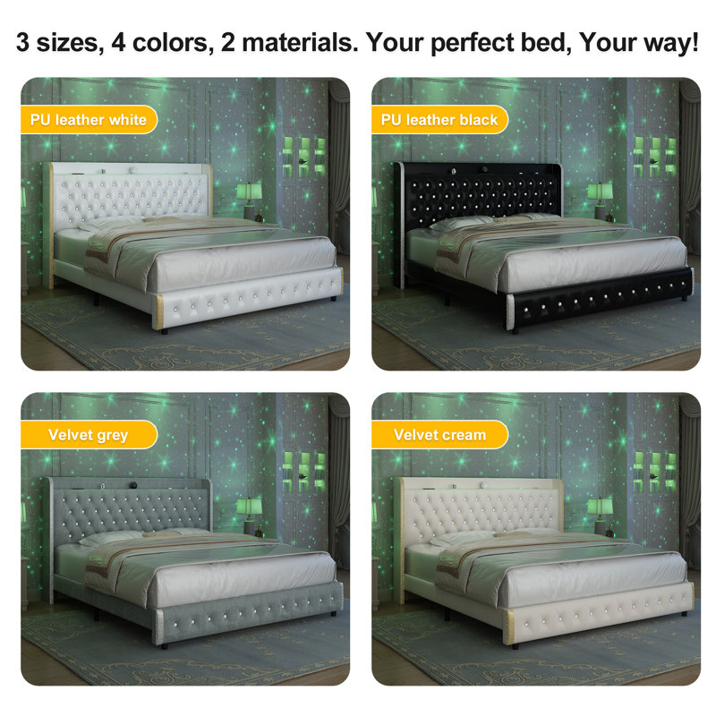 Modern Wingback Upholstered Platform Bed Frame With Galaxy Projector, LED Bed Frame, Sturdy Noise Free Design, Headboard With Star Accents, Easy Assembly, No Box Spring Needed, Keyt