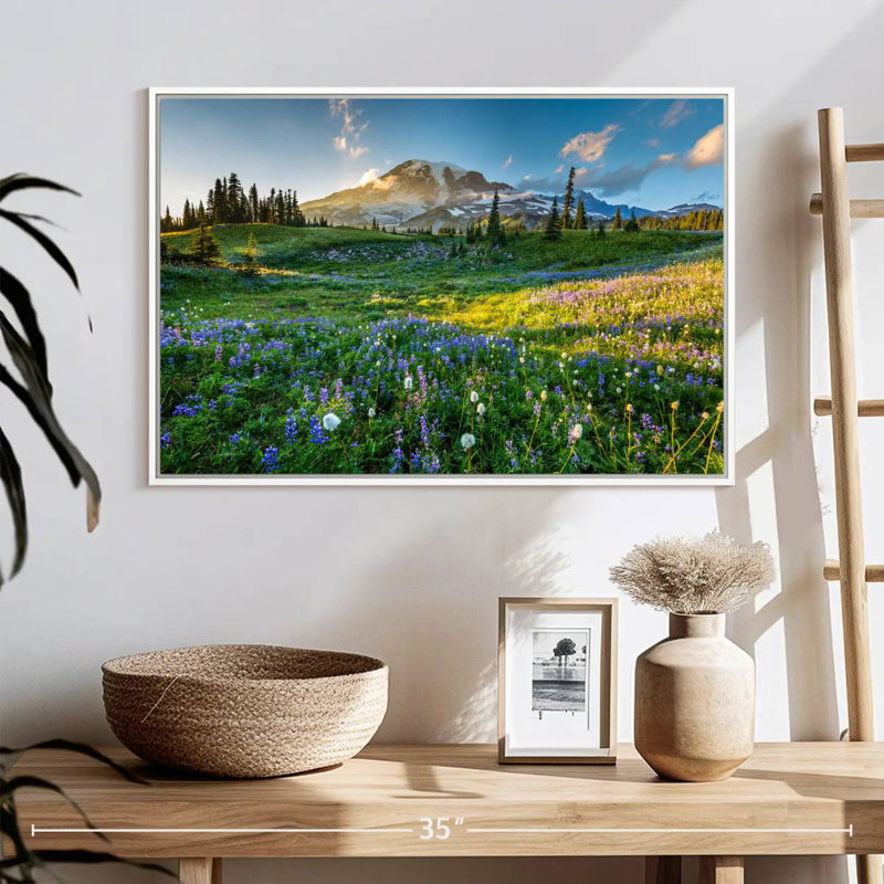 Le printemps au mont Rainier, 25 po x 17 po, Cadre flottant blanc