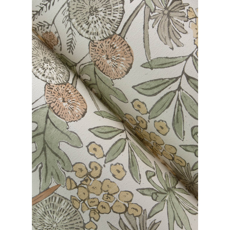 Papier peint chardonneret turquoise oiseaux et fleurs, Beige