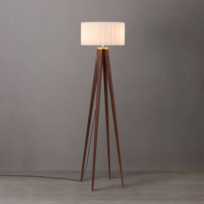 Lampe sur pied Quattro - Design moderne, corps et base en acier noyer foncé, abat-jour tambour en lin blanc, hauteur de 61 po, interrupteur marche / arrêt facile, 1 500 lumens, non réglable, fabriqué à la main en Californie