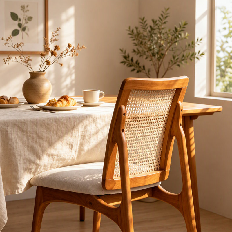 Ensemble de 2 chaises de salle à manger modernes du milieu du siècle en rotin avec structure en hévéa massif