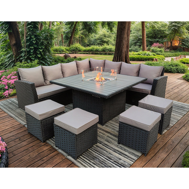 Outdoor Deodhar All Weather Wicker 11 - Person Seating Group, 8 Pieces: Left/Right Sofa, Corner, 4 Stool, Table