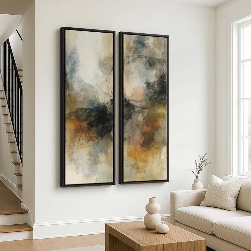Neutral Earth Tone Abstract Composition Wall Art for Office – Set of 2 Framed Wall Art Print on Canvas 60"x20"x2, 60"x30"x2