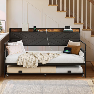 Twin Daybed With Trundle, Metal Day Bed Frame With Upholstered Storage Headboard And Charging Station, Heavy Duty Sofa Bed With Twin Trundle For Livin by Latitude Run