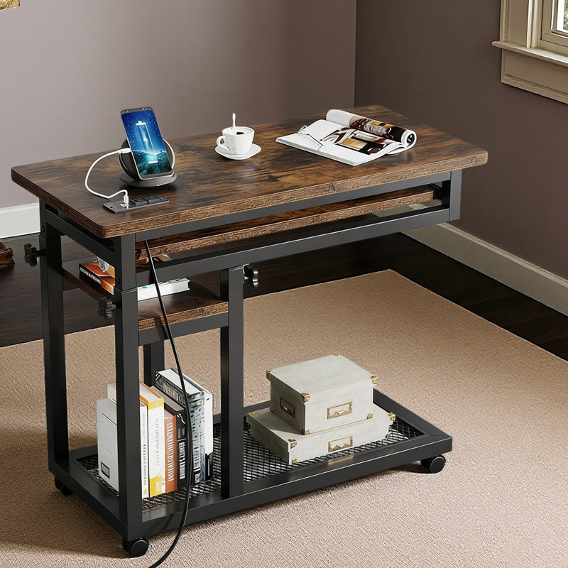 Table d'appoint avec roulettes, table mobile en C durable, bureau étroit, station de charge pratique