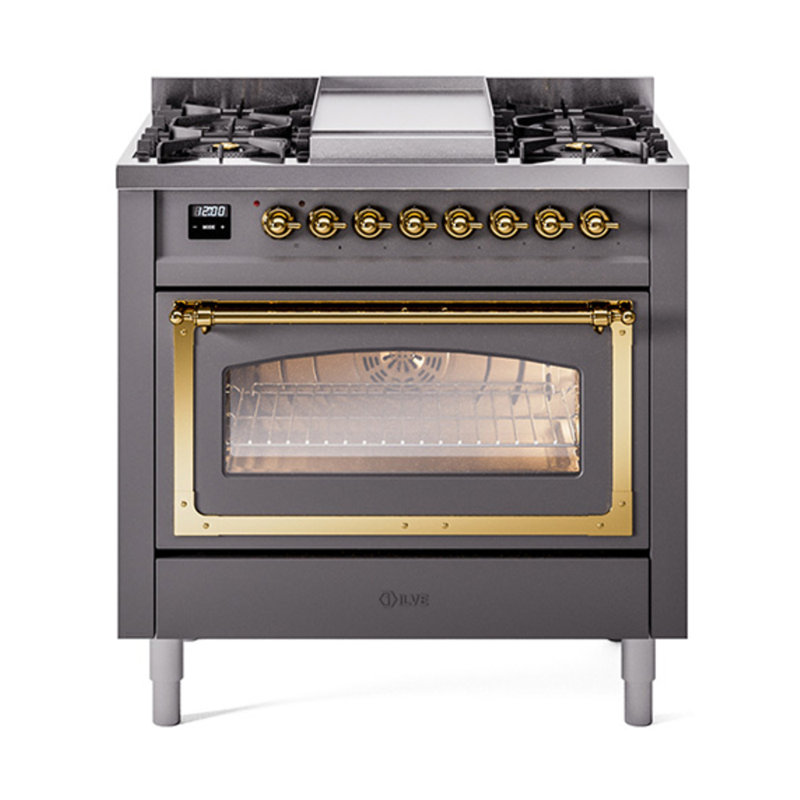 ILVE Nostalgie II Noblesse 36 in Dual Fuel Range, Graphite Matte/Brass, Natural Gas