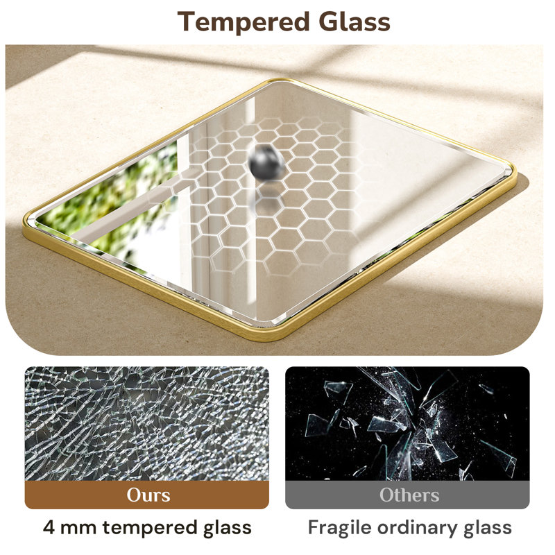 Beveled Bathroom Vanity Mirror with Aluminum Frame, Wall Accent Mirror, Tempered Glass, Brushed Gold, 32" x 24"