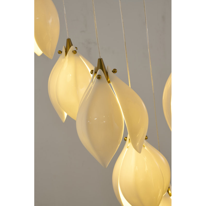 Luminaire suspendu en bronze 12 lumières avec une fleur en céramique crème