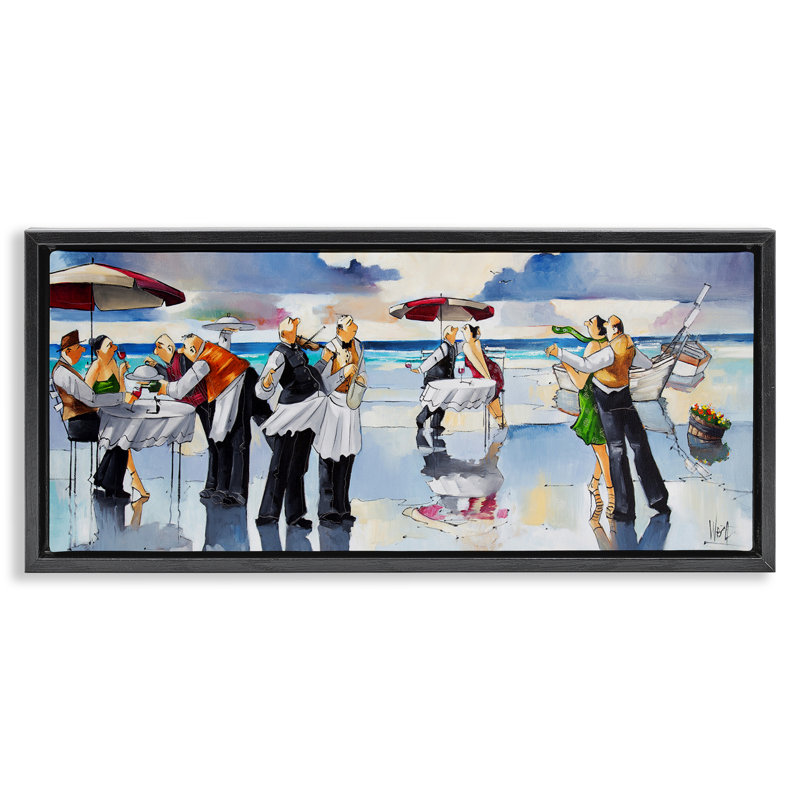 "Fancy Dinner on Beach", art mural sur toile flottante par Ronald West, Cadre flottant noir de jais, H 11 po x l 25 po