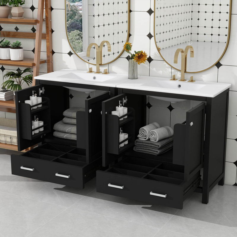 Elegant Bathroom Vanity Set With Vanities  Ceramic Sinks And Partitioned Drawers, 60", 4" Centerset, Black