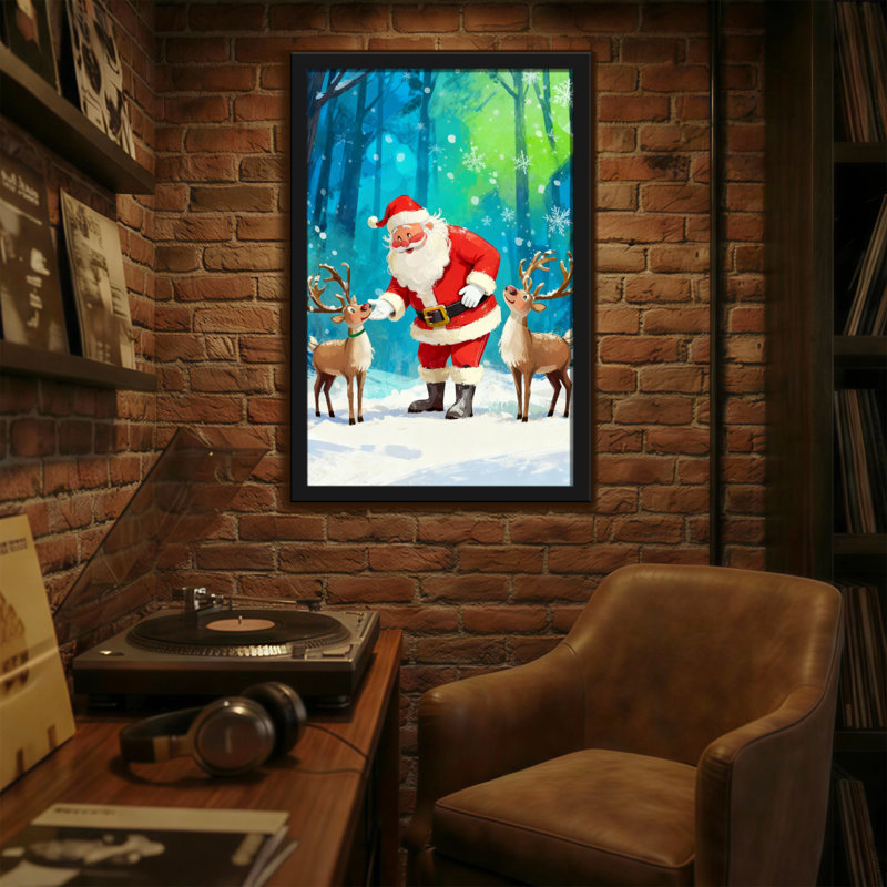 Noël père Noël avec renne dans la forêt enneigée, H 18 po x l 12 po
