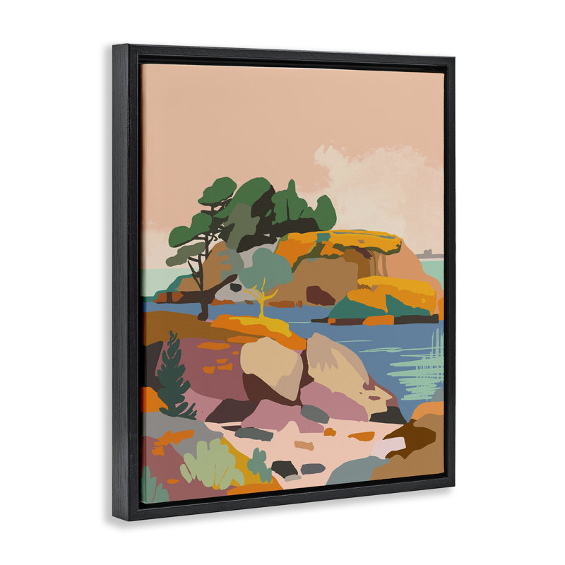 Toile abstraite encadrée, "Lake & Cliff" par Walker Noble, Cadre flottant noir de jais, H 21 po x l 17 po