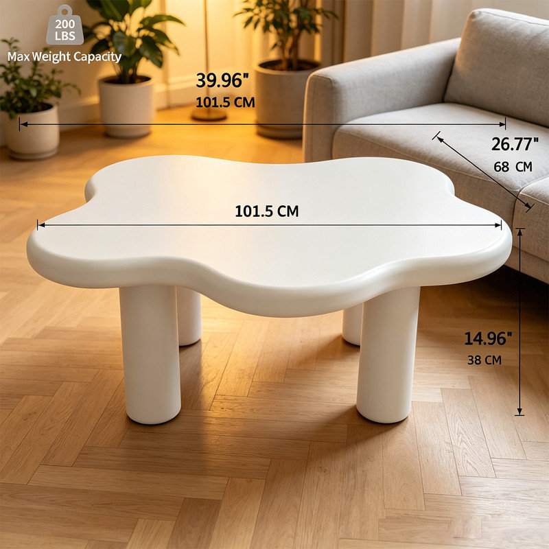 Table centrale unique en bois irrégulière, table basse Cloud de 40 po avec 4 pieds ronds, table basse mignonne pour appartement et salon
