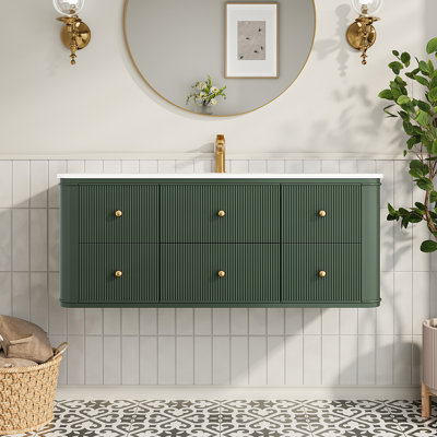 48" Antique Green Floating Bathroom Vanity With Acrylic Sink, Single Wall-Mounted Vanity With Soft-Close Drawers & Gold/Silver Handles