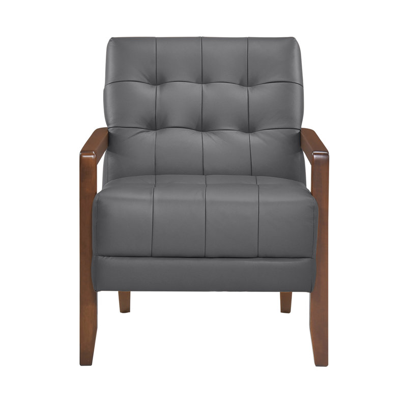 Chaise d'appoint contemporaine avec siège en cuir gris foncé, noyau en contreplaqué et bois de finition noyer moderne en cuir 100%, structure, accoudoirs, pieds, dossiers, accoudoirs