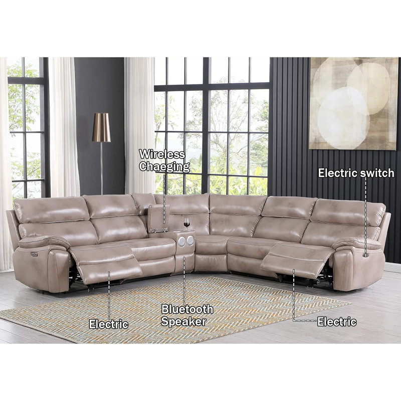 6-Piece Multifunctional Genuine Cowhide Leather Power Reclining Living Room Sectional Sofa Set With Bluetooth Speaker