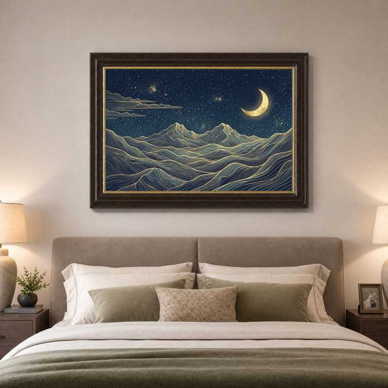 Toile murale représentant des montagnes sous un croissant de lune doré (dessin au trait), H 12 po x l 18 po