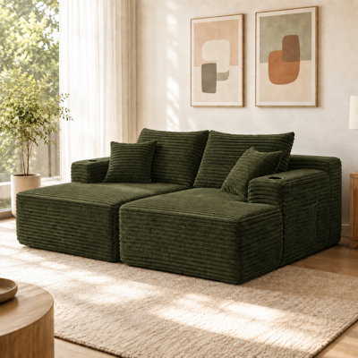 Oversized Chaise Lounge Chair Indoor, 76 Inch Double Chaise Lounge Sofa with Cup Holders & Side Pocket, Plush Corduroy Boneless Floor Sofa with Deep Seat, Sleeper Couch Bed for Bedroom Living Room, Green
