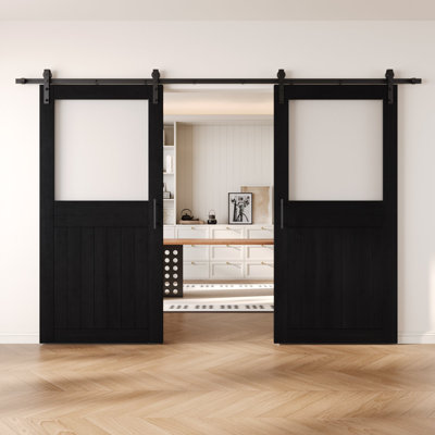 Homacer Black Double 36in x 84in Half Lite Glass Design Unassembled & Finished Barn Doors with Non-Bypass Installation Hardware Kit, 13ft track, interior use only