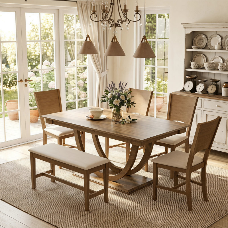 Ensemble de salle à manger 6 pièces en bois massif avec banc rembourré et chaises, table à pieds demi-ronds, ensemble de table de cuisine moderne pour 6