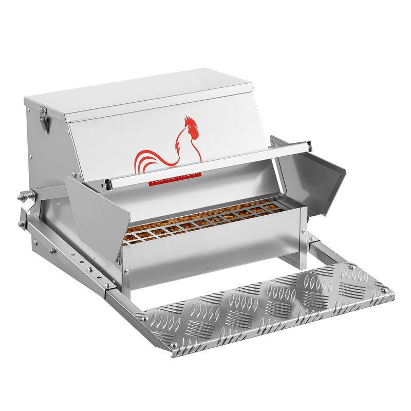 Mangeoire automatique pour poulets, capacité de 25 lb, mangeoire pour volaille à pédale imperméable avec couvercle verrouillable, sans déchets, fabrication en acier galvanisé, utilisation extérieure, pour poulet, bantam, volaille, faisans