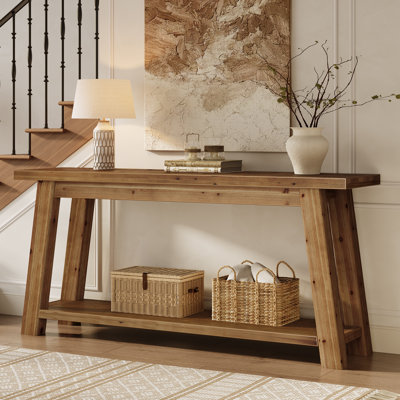 Console de 70,8 po de long en bois massif avec tablette, plateau de table en bois massif d'une seule pièce de 1,97 po d'épaisseur