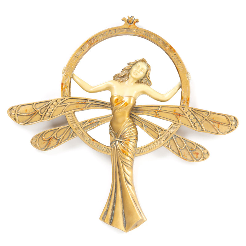 Art Deco Dragonfly Maiden 13" Gold and Ivory Round Wall Mirror