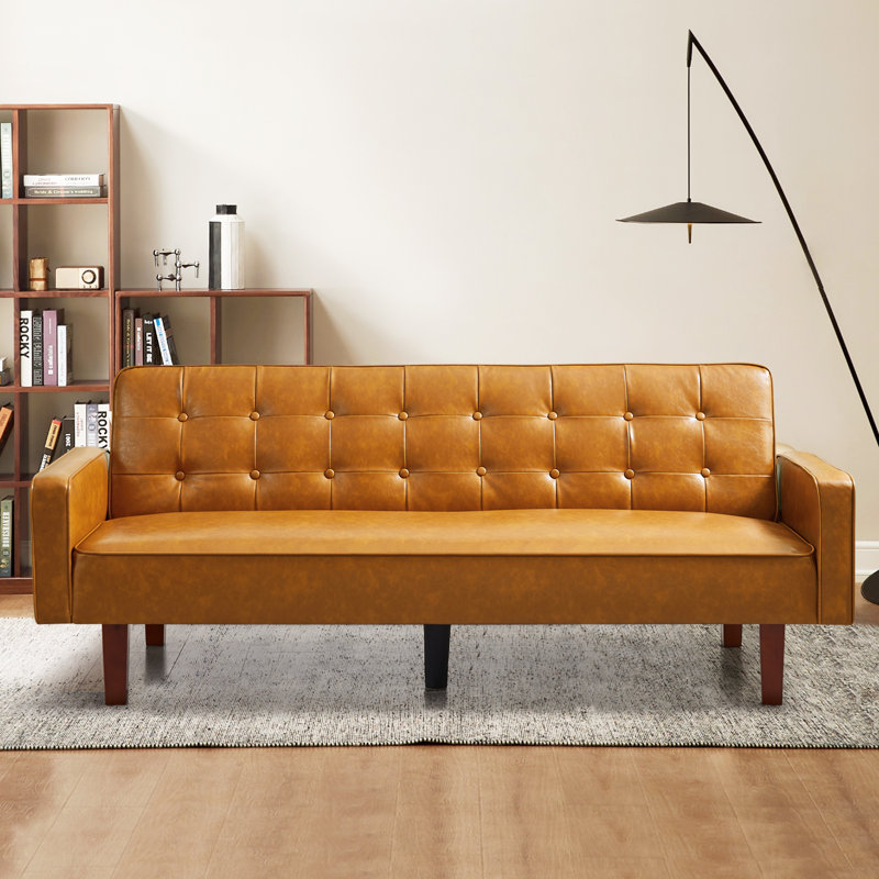 Besharat Memory Foam Tufted Faux Leather Convertible Sofa, Brown Faux Leather