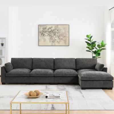 Canapé modulaire de 5 po en L 130 po avec revêtement en chenille, double charge, rangement latéral, table pliante, mouvement, 2 coussins d'accoudoir, mousse à haute densité, couleurs 130 po, L, chenille