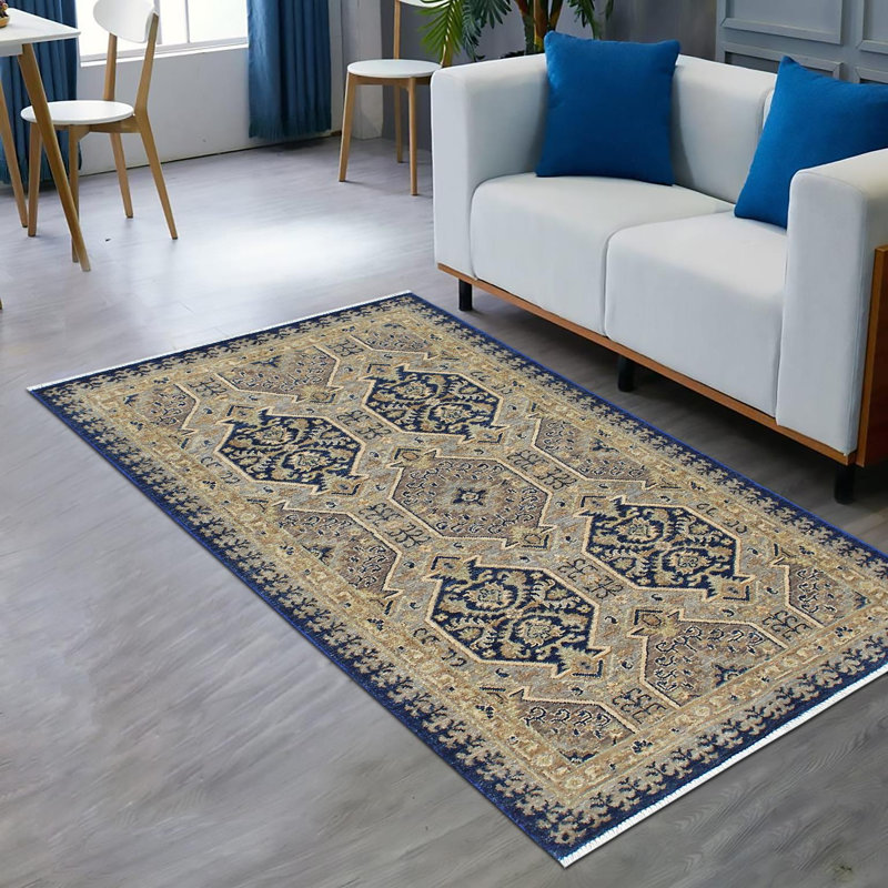 Tapis bleu / beige en laine noué à la main 3 pi x 5 pi 10 po Baccio