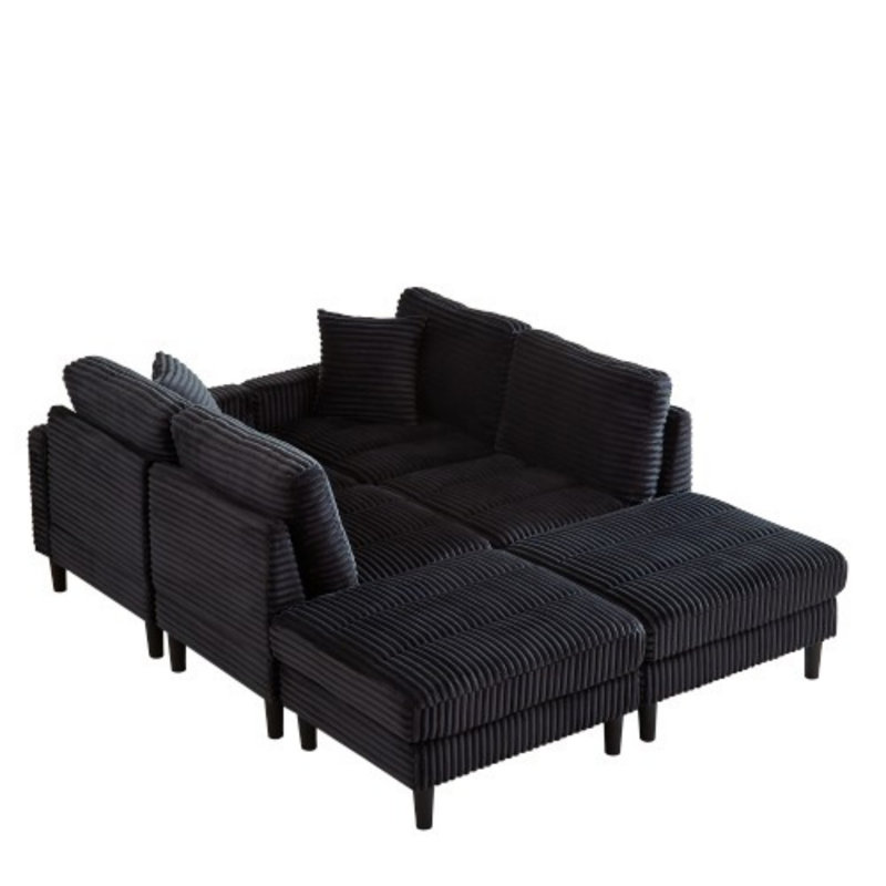 Canapé modulaire en U avec 2 coussins, Velours côtelé noir