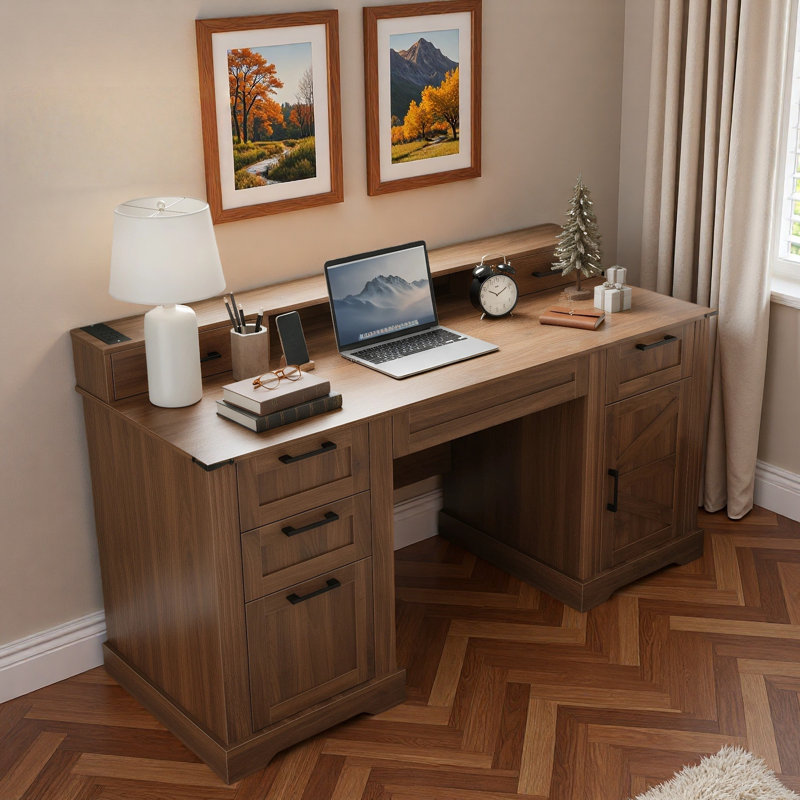 Farmhouse Office Desk With Charging Station, Storage Cabinet, Barn Door Design, File Drawer, Monitor Stand And Keyboard Tray